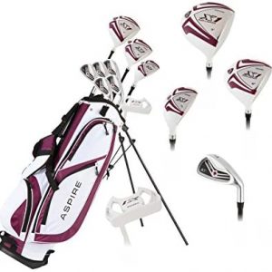 Aspire X1 Ladies Women’s Complete Golf Club Set Includes Driver, Fairway, Hybrid, 6-PW Irons, Putter, Stand Bag, 3 H/C’s Purple, Regular or Petite Size, Women’s Golf Club Set
