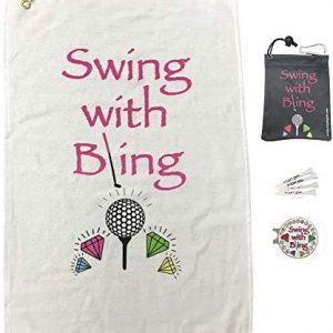 Giggle Golf Par 3 – Golf Towel, Tee Bag with 4 Tees, and Bling Ball Marker with Hat Clip – Perfect Golf Gift for Women