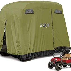 10L0L 4 Passenger Golf Cart Cover Fits EZGO, Club Car and Yamaha, 400D Waterproof with Extra PVC Coating Sunproof Dustproof – Two Side Zippers (Both Driver and Passenger Side) – Black Army Green