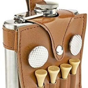 Fairly Odd Novelties ALL IN ONE SET 6oz Flask Spot Markers Hardwood Golf Tees Divot Tool Father’s Day Dad Gift, Brown