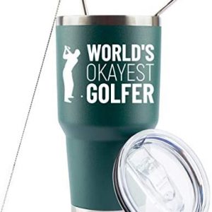 JENVIO Golf Gifts For Men | 30oz Worlds Okayest Golfer Insulated Stainless Steel Travel Tumbler Mug w Lid and 2 Straws for Coffee and Cold Drinks | Unique Funny Gag Cup Dad Husband Retirement Stuff