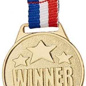 Juvale 12-Pack Bulk Olympic Style Gold Winner Award Medals with Ribbons for Sports, Competitions, Spelling Bees, Party Favors 1.5 Inches Diameter, 15.3 Inches Ribbon Length