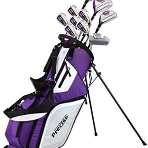 Precise M5 Ladies Womens Complete Right Handed Golf Clubs Set Includes Titanium Driver, S.S. Fairway, S.S. Hybrid, S.S. 5-PW Irons, Putter, Stand Bag, 3 H/C’s Purple