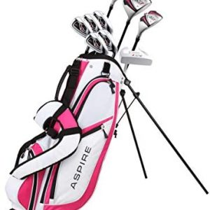 Aspire X1 Ladies Womens Complete Right Handed Golf Clubs Set Includes Titanium Driver, S.S. Fairway, S.S. Hybrid, S.S. 6-PW Irons, Putter, Stand Bag, 3 H/C’s Cherry Pink