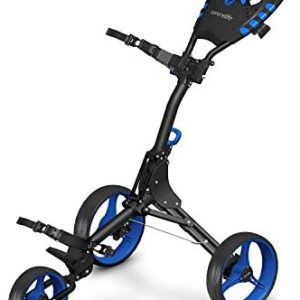 3 Wheel Golf Push Cart – Lightweight Folding Golf Walking Push Cart Roller Golf Bag Holder w/ Upper/Lower Bracket w/ Elastic Strap, Scorecard, Cup, & Bag Storage Holder – SereneLife SLG3W