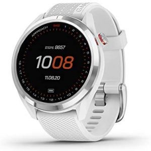 Garmin Approach S42, GPS Golf Smartwatch, Lightweight with 1.2″ Touchscreen, 42k+ Preloaded Courses, Silver Ceramic Bezel and White Silicone Band, 010-02572-11