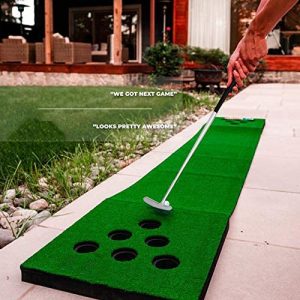 Golf Putting Green Mat, Golf Pong Game Set with 2 Putters, 2 Golf Balls, Green Putting Pong Golf Mat & 12 Golf Hole Covers for Indoor Outdoor Office Backyard Party Use