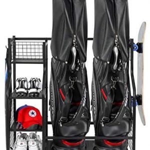 PLKOW Golf Bag Storage Garage Organizer, Fit for 2 Golf Bags and Golf Accessories, Extra Large Size Golf Bag Storage Stand and Golf Equipment Rack for Garage,Shed, Basement