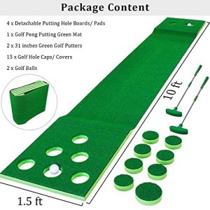 timeina Detachable Golf Pong Game Set – Includes 2 Golf Balls, 4 Boards, 15 Golf Hole Covers – Green Putting Pong Golf Game Mat Portable for Backyard Office Tailgate Beach Party