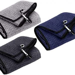 Favritt 3 Pack Tri-fold Golf Towel ,Premium Microfiber Fabric Waffle Pattern Towel,Heavy Duty Carabiner Clip,Golf Accessories for Men,Women（3 Colors,3Pcs）