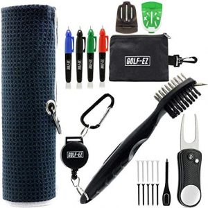Golf-EZ Golf Essentials 21 Piece Kit | Golf Towel | Cleaning Brush | TRI-LINE Golf Ball Alignment Kit | Divot Repair Tool