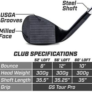 GoSports Tour Pro Golf Wedge Set – Includes 52 Gap Wedge, 56 Sand Wedge and 60 Lob Wedge in Satin or Black Finish (Right Handed)