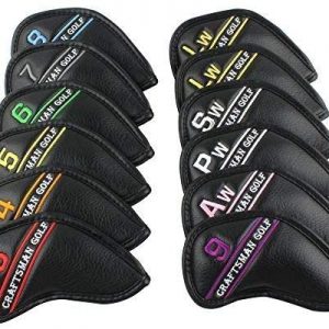 Craftsman Golf 12pcs Black Leather Golf Iron Head Covers Set Headcover Colorful Number Embroideried for Callaway Ping Taylormade Cobra Also Custom Version w/Your Name