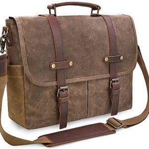 Mens Messenger Bag 15.6 Inch Waterproof Vintage Genuine Leather Waxed Canvas Briefcase Large Satchel Shoulder Bag Rugged Leather Computer Laptop Bag, Brown