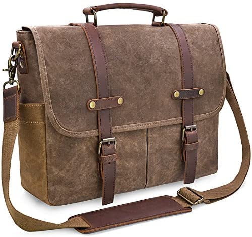 Mens Messenger Bag 15.6 Inch Waterproof Vintage Genuine Leather Waxed Canvas Briefcase Large Satchel Shoulder Bag Rugged Leather Computer Laptop Bag, Brown 2 Mens Messenger Bag 15.6 Inch Waterproof Vintage Genuine Leather Waxed Canvas Briefcase Large Satchel Shoulder Bag Rugged Leather Computer Laptop Bag, Brown - Image 2