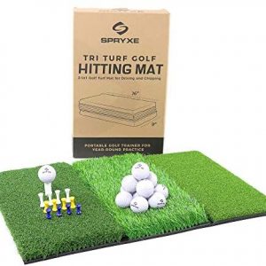 Spryxe Tri-Turf Golf Mat Set | Portable Golf Hitting Mat for Backyard | Durable Golf Mats for Home Use w/Foam Practice Balls and Adjustable Tees | Indoor Outdoor Driving Chipping Mat