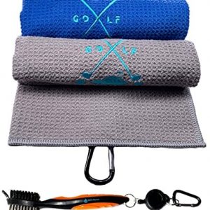 Ralch Wysom 2Packs Golf Towels for Golf Bags with Carabiner Clip Brush for Men Women, Waffle Microfiber Fabric Grey/Blue Sport Travel Accessories for Ball Clean Wiping Sweat,Size16 x24