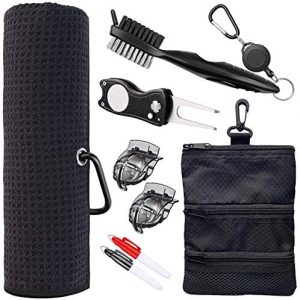 Golf Towel and Tool Accessories Bag KIT – Comes with a Golf Towel, Golf Club Cleaner, Divot Repair Tool, Golf Club Brush, Golf Ball Marker. This are The Perfect Golf Accessories for Men and Women.