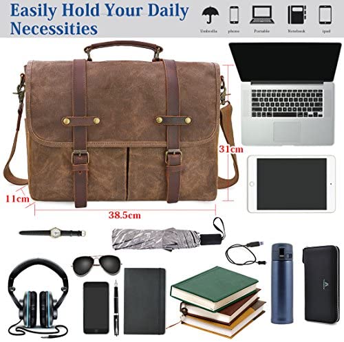 Mens Messenger Bag 15.6 Inch Waterproof Vintage Genuine Leather Waxed Canvas Briefcase Large Satchel Shoulder Bag Rugged Leather Computer Laptop Bag, Brown 4 Mens Messenger Bag 15.6 Inch Waterproof Vintage Genuine Leather Waxed Canvas Briefcase Large Satchel Shoulder Bag Rugged Leather Computer Laptop Bag, Brown - Image 4