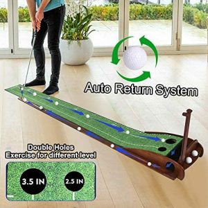 GLOTOP Golf Putting Green Mat with Wood Auto Ball Return System, Game Practice Golf Gifts for Home, Office, Backyard Indoor Golf and Outdoor Use, Crystal Velvet Mat and Solid Wood Base
