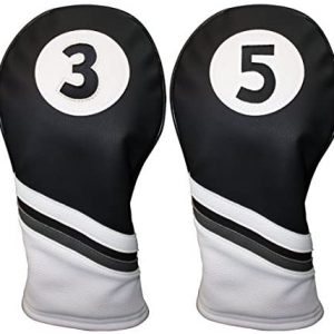 Majek Golf Headcovers Black and White Leather Style 3 & 5 Fairway Head Covers
