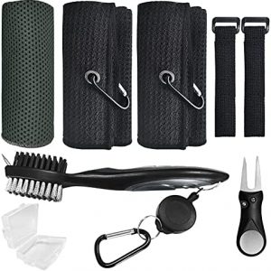 Golf Cleaning Kit, Black Golf Towel with Clip, Golf Brush and Groove Cleaner, ZEALFOXE Golf Club Cleaning Brush, Golf Divot Tool, Cooling Towels for Neck and Face, Golf Accessories for Men and Women