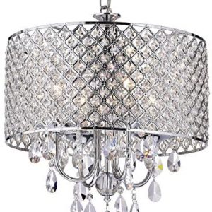 Edvivi Marya 4-Light Chrome Round Crystal Chandelier Ceiling Fixture | Beaded Drum Shade | Glam Lighting