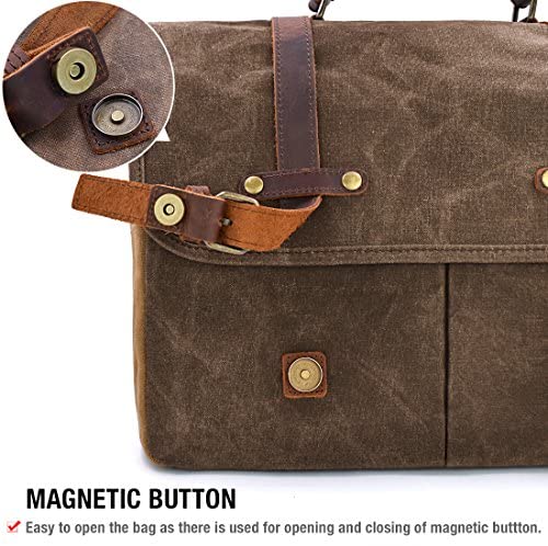 Mens Messenger Bag 15.6 Inch Waterproof Vintage Genuine Leather Waxed Canvas Briefcase Large Satchel Shoulder Bag Rugged Leather Computer Laptop Bag, Brown 9 Mens Messenger Bag 15.6 Inch Waterproof Vintage Genuine Leather Waxed Canvas Briefcase Large Satchel Shoulder Bag Rugged Leather Computer Laptop Bag, Brown - Image 9
