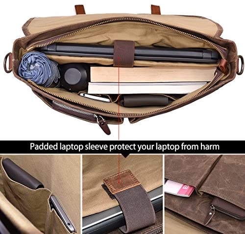 Mens Messenger Bag 15.6 Inch Waterproof Vintage Genuine Leather Waxed Canvas Briefcase Large Satchel Shoulder Bag Rugged Leather Computer Laptop Bag, Brown 5 Mens Messenger Bag 15.6 Inch Waterproof Vintage Genuine Leather Waxed Canvas Briefcase Large Satchel Shoulder Bag Rugged Leather Computer Laptop Bag, Brown - Image 5