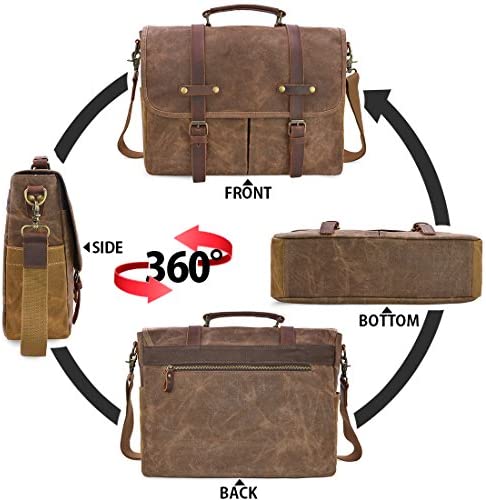 Mens Messenger Bag 15.6 Inch Waterproof Vintage Genuine Leather Waxed Canvas Briefcase Large Satchel Shoulder Bag Rugged Leather Computer Laptop Bag, Brown 7 Mens Messenger Bag 15.6 Inch Waterproof Vintage Genuine Leather Waxed Canvas Briefcase Large Satchel Shoulder Bag Rugged Leather Computer Laptop Bag, Brown - Image 7