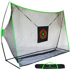 Flair Sports – Large Heavy Duty 10′ x 7′ Golf Hitting Net – Professional Series – Practice Driver, Irons, & Wedges – Indoor & Outdoor Swing Training – Driving Range at Home – Neon Chipping Target