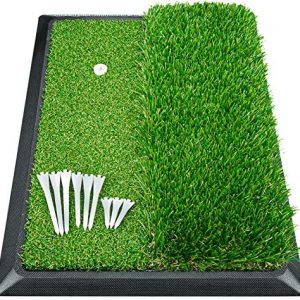 Golf Mat, Indoor Golf Hitting Mat – Heavy Duty Rubber Base Golf Putting Green, Mini Golf Practice Training Aid with 9 Golf Tees, Dual Premium Turfs, Golf Accessories Golf Gift for Men