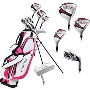 Aspire X1 Ladies Womens Complete Right Handed Golf Clubs Set Includes Driver, Fairway, Hybrid, 6-PW Irons, Putter, Stand Bag, 3 H/C's Cherry Pink Petite Size for Ladies 5'3" and Below!
