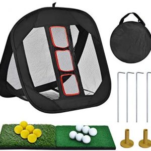 DURARANGE Pop-up Golf Chipping Net with Dual Turf Hitting Mat, 6 Driving Range Golf Balls, 6 Practice Foam Balls and Tees Combo, Target Swing Training Aids Backyard | Indoor | Outdoor