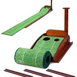 GLOTOP Golf Putting Green Mat with Wood Auto Ball Return System, Game Practice Golf Gifts for Home, Office, Backyard Indoor Golf and Outdoor Use, Crystal Velvet Mat and Solid Wood Base