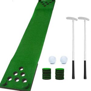 Golf Putting Green Mat, Golf Pong Game Set with 2 Putters, 2 Golf Balls, Green Putting Pong Golf Mat & 12 Golf Hole Covers for Indoor Outdoor Office Backyard Party Use