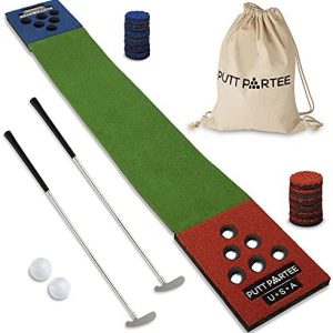 Indoor-Outdoor Golf Game Set - 2 Foldable putters, 2 Balls, 1 Putting mat. Portable Tailgating, Drinking, or Backyard Games for All Ages. Best Party Game Set.