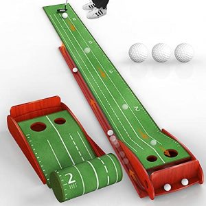 Kuwork Wood Golf Putting Mat with Auto Ball Return System, Indoor Golf Putting Green Mats Practice Aid Equipment, Golf Gifts for Men for Indoor Outdoor Home Office Backyard Use