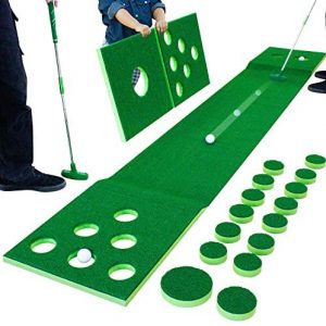 timeina Detachable Golf Pong Game Set – Includes 2 Golf Balls, 4 Boards, 15 Golf Hole Covers – Green Putting Pong Golf Game Mat Portable for Backyard Office Tailgate Beach Party