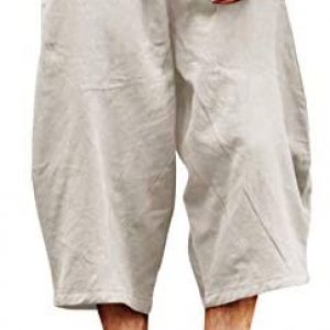 TOTNMC Men’s Baggy Linen Capri Pants Casual Yoga Patchowork Beach Pants with Drawstring