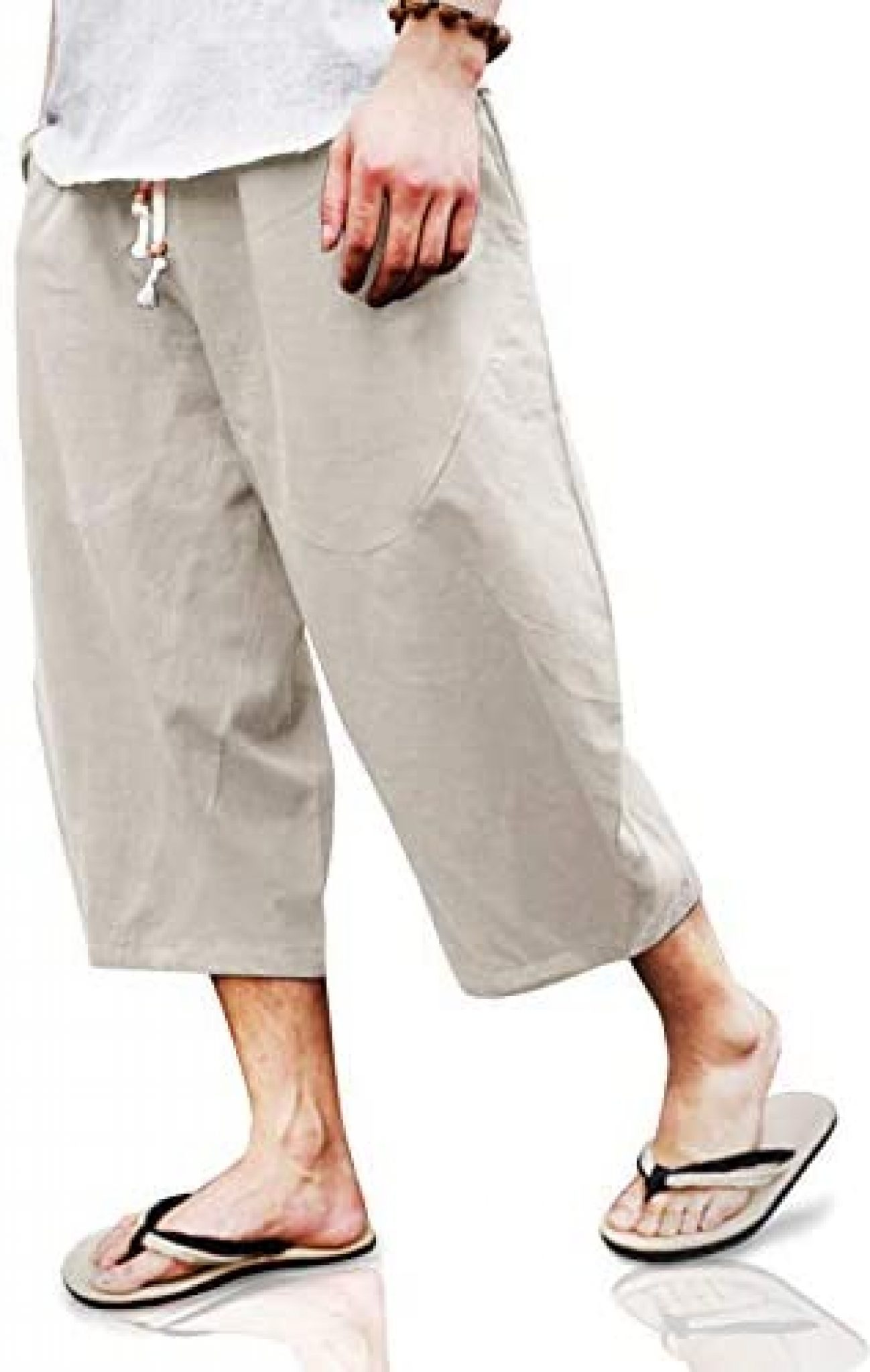 TOTNMC Men's Baggy Linen Capri Pants Casual Yoga Patchowork Beach Pants ...