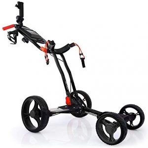 Pins & Aces Everyday Golf Push Cart Black – Ultra Lightweight, Compact Folding Golf Pull Cart – 4 Wheel Design, Golf Accessories Storage Compartment