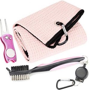 Mile High Life Microfiber Waffle Pattern Golf Towel | Club Groove Cleaner Brush | Foldable Divot Tool with Magnetic Ball Marker