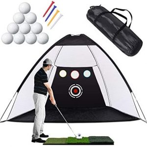 Golf Practice Net, 10 x 7ft Golf Hitting Net Sets with Chipping Target Pockets,Golf Training Aids Practice Net Set – 3 in 1 Foldable Golf Mat -10 Golf Balls – 4 Golf Tees, Indoor and Outdoor Golf