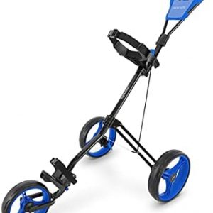 SereneLife 3-Wheel Golf Push Cart – Lightweight Folding Walking Roller Trolley Bag Storage, Upper & Lower Bracket w/Elastic Strap, Foam Handle Grip, Scorecard Holder, Foot Brake, 33Lb Max Load