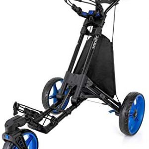 SereneLife 3 Wheel Golf Push Cart – Lightweight Folding Walking Push Cart Roller Golf Bag Holder w/Foot/Handle Brake, Upper/Lower Bracket w/Elastic Strap, Scorecard/Cup/Bag Storage Holder SLGZ48