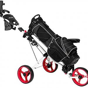 PEXMOR Golf Push Pull Cart, Collapsible 3 Wheels Golf Trolley with PU Seat, Foot Brake, Umbrella Holder, Scoreboard Bag & More