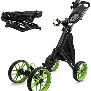 MEARTEVE 4 Wheel Golf Push Pull Cart, One Click Folding Compact Golf Push Cart, Foot Brake, Cup Holder, Adjustable Handle, Scorecard Holder Space for Golf Bags, Storage Bag
