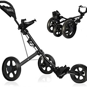 KXDLR Golf Push Cart, 3 Wheel Golf Cart Swivel One Second Folding Golf Trolley with Foot Brake, Push Pull Golf Carts with Cup Holder for Golf Clubs Men Women/Kids Practice and Game Golf Accessories