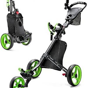 JINLLY Golf Push Cart, 3 Wheel Folding Golf Carts with Foot Brake, Collapsible Lightweight Golf Pull Cart with Umbrella Holder, Cup Holder, Phone Holder, Scoreboard Bag for Golf Bags